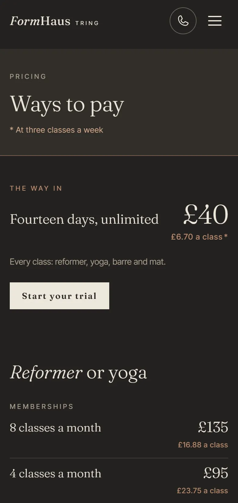 The FormHaus Pricing page on a phone